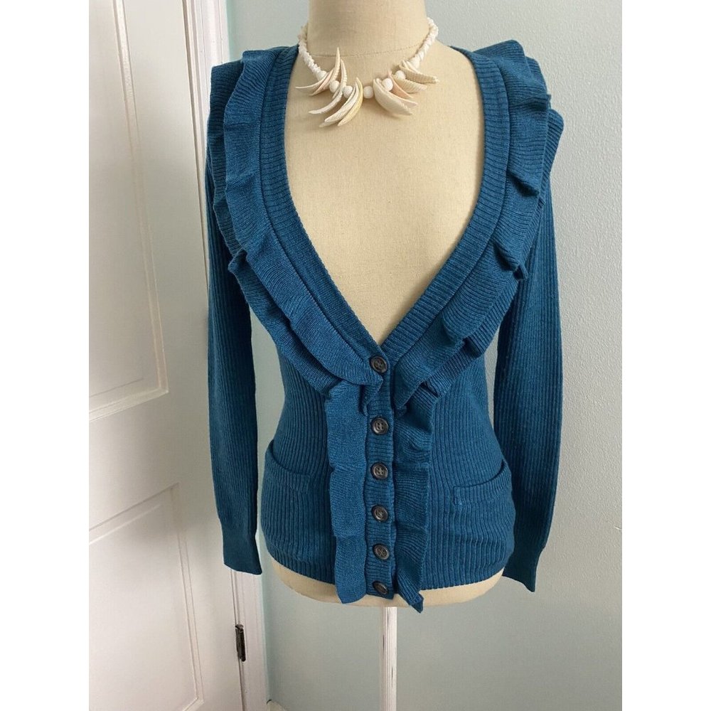 Banana Republic Women's Size XSmall V-Neck Button Knit Wool Blue Sweater